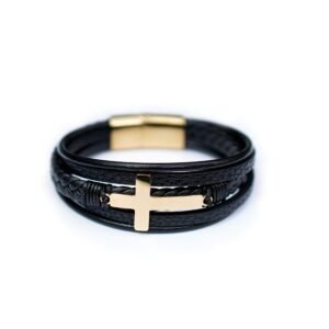 PULSERA CUERO CRUZ DORADA